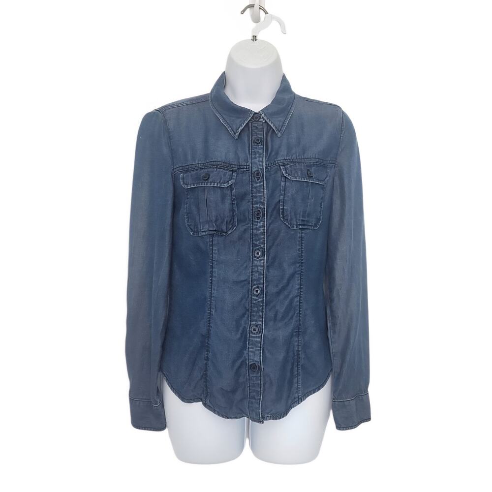 Guess Denim Long Sleeve Button Down Shirt Size XS Dark Wash Dual Chest Pockets. - Picture 3 of 9